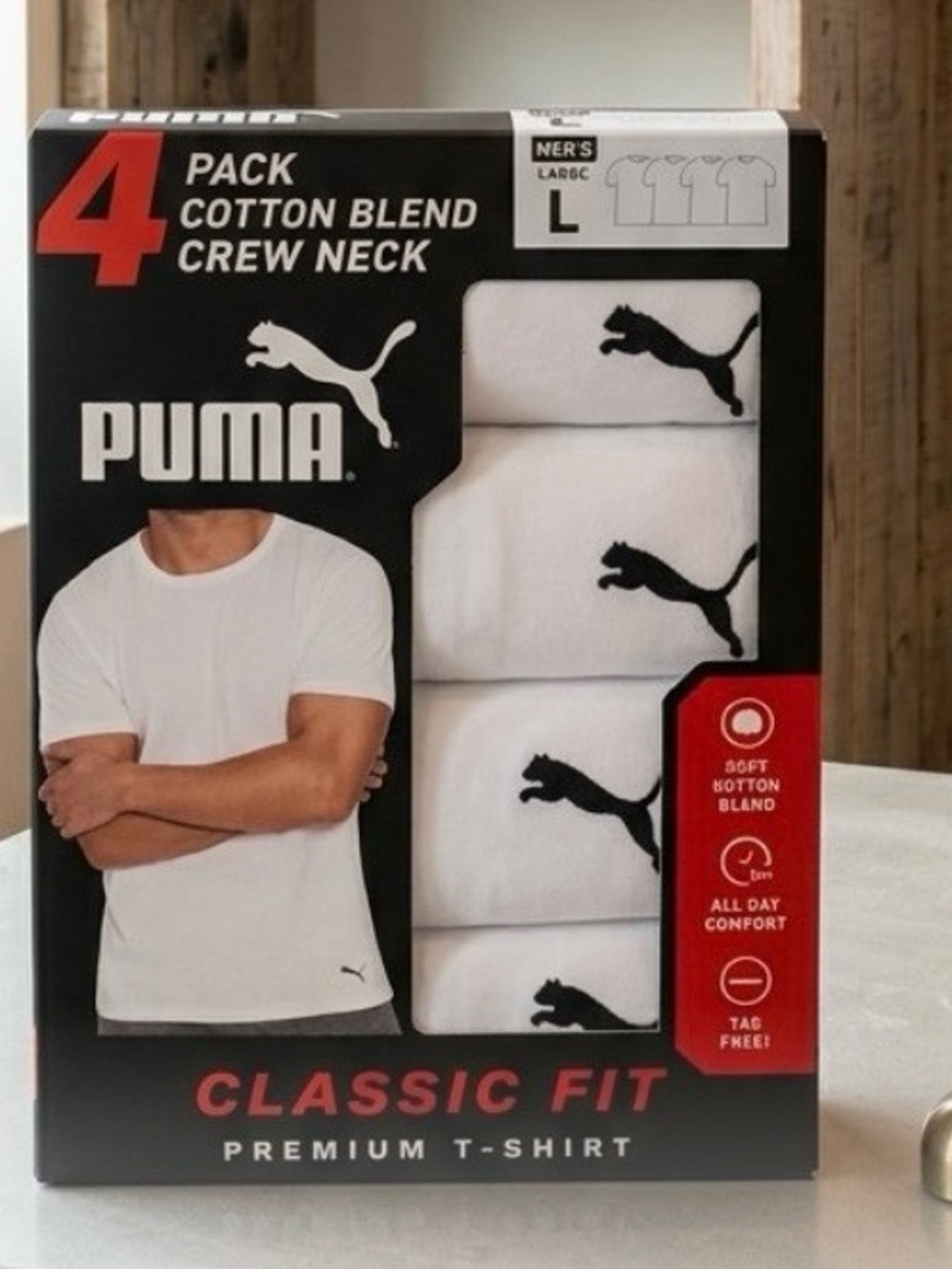 PUMA Classic Fit 4-Pack White Crew Neck Tees - Men's size L